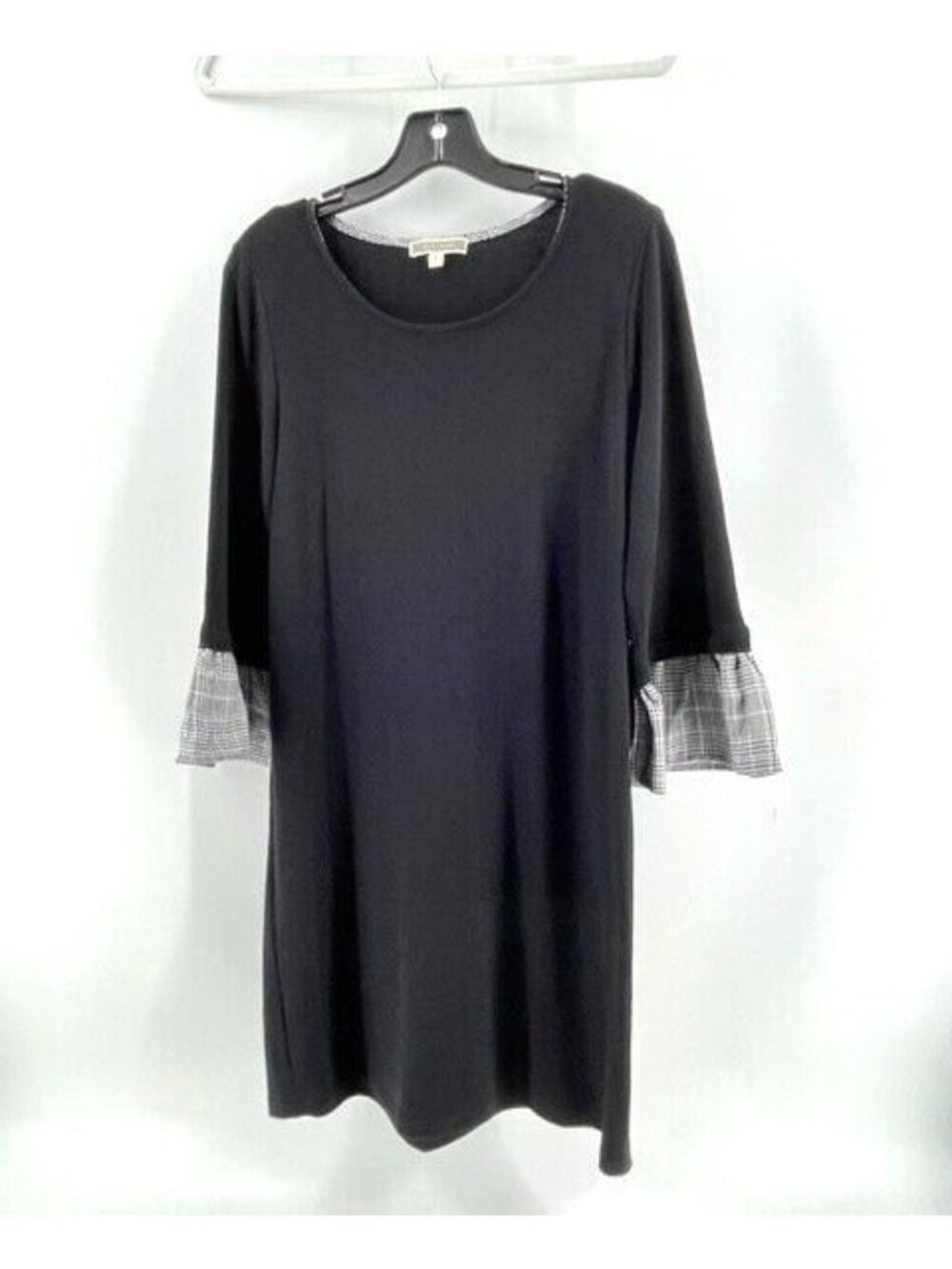 Pleione Women's Black Long Plaid Bell Sleeve Knit Sheath Dress Size Small